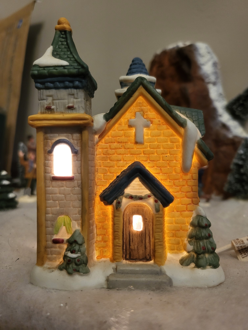 Holiday Illuminated Ceramic Church Decoration in Yellow and Green